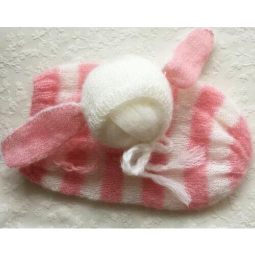 Vintage Pink Newborn Bunny Hat Photography Props Knitted Mohair Sack Set Baby Sleeping Bag Soft Newborn Bonnet Outfit Photo Prop