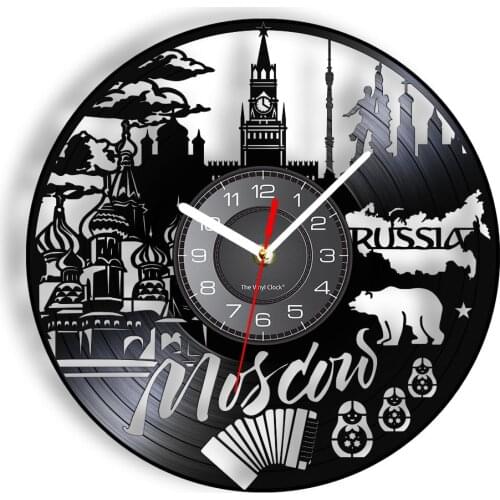 Moscow Cityscape Vintage Wall Clock Russian Culture St. Basils Cathedral Matryoshka Doll Bear Vinyl Record Nightlight Artwork