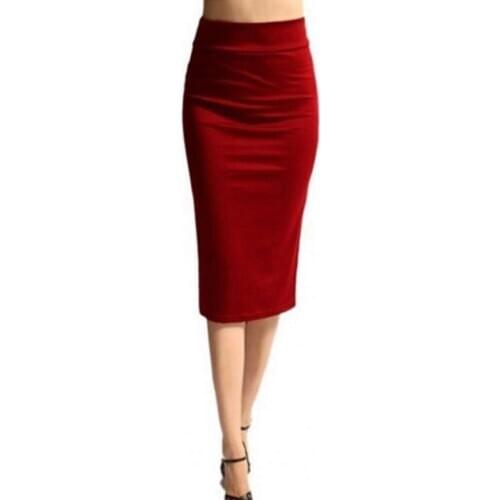 Autumn Winter Women Pencil Skirt High Waist Cotton Solid Color Stretch Elastic Slim Business OL Split Bodycon Skirts JL