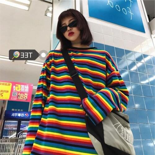 Korean Style Tshirt Women Fashion Rainbow Stripe Print Tops Long Sleeve Casual Loose Aesthetic Clothes All-match T Shirt