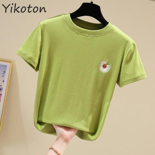 2021 Summer Short Sleeve O-neck Cotton Tshirt Female Tops Lady T Shirt Women Korean Embroidery Slim Casual Fashion Trendy Basic