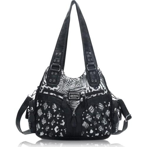Women Leopard Handbag Shoulder Bag Messenger Tote with Rivets and Woven Decoration