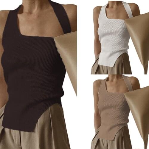 2021 Summer Hot Outfits Womens Halter Tank Tops,New Fashion Casual Sleeveless Rib Knit Solid Color Irregular Hem Camisole