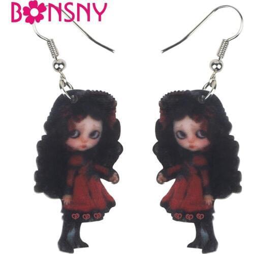 Bonsny Acrylic Black Curls Girl Earrings Drop Dangle Stud Clip Fashion Cute Jewelry For Women Teens Lovers Gift Decoration
