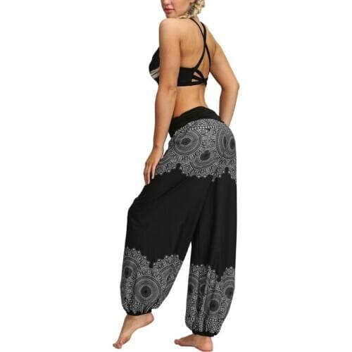 Women Boho Feather Baggy Harem Pants Elastic Waist Loose Hippie Lounge Trousers D08E