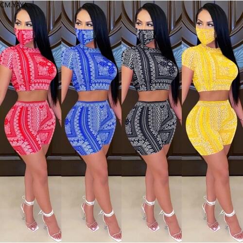 CM.YAYA Bandanna Print Women Set Three Piece Set Tracksuit Open Back Crop Top Shorts Sweatpants Suit Outfit Matching Set