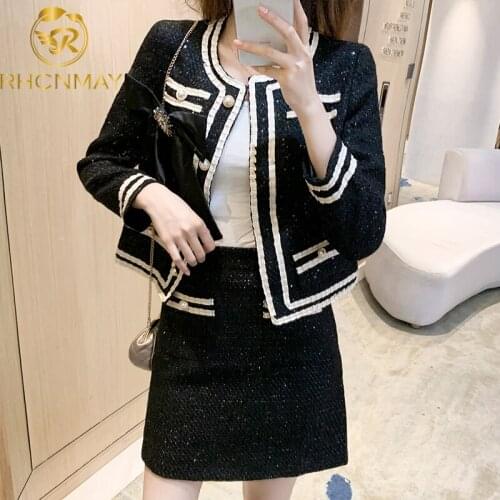 New 2021 Autumn Winter Women 2 Piece Set Elegant Diamond Bowknot Tweed Short Jacket Coat + High Waist Mini Skirt Suit