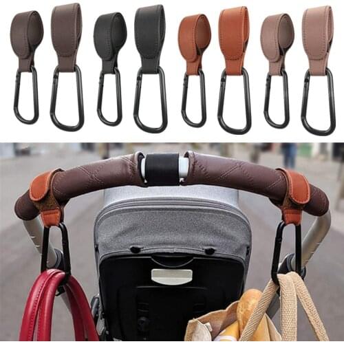 1/2pcs Portable PU Leather Baby Stroller Hook Hanger Velcros Pram Hook Carabiner Cart Organizer Clip for Stroller Accessories