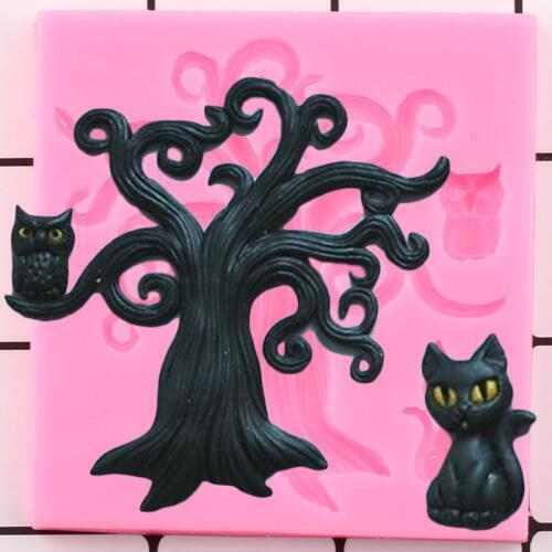 3D Tree Branch Silicone Mold DIY Halloween Fondant Cake Decorating Tools Cat Owl Cake Baking Candy Clay Chocolate Gumpaste Mould