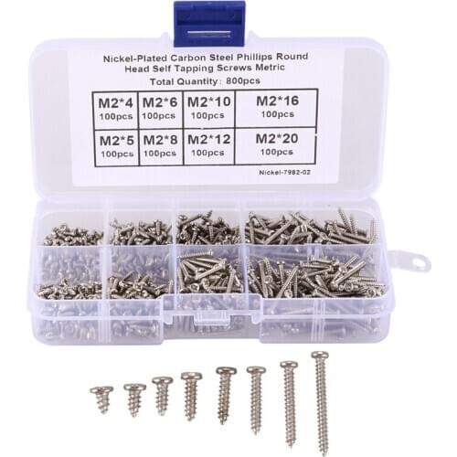 800Pcs/Set M2 Screw Carbon Steel Cross Drive Pan Head Self Tapping Screws Assorted Fastener M2X4/5/6/8/10/12/16Mm/20Mm