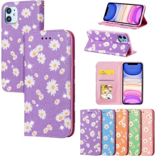 Glitter Chrysanthemum Leather Flip Cover Case for iPhone 11 Pro Max SE 2 XS X XR 6 7 8 Plus Card Holder Full Protect Phone Shell
