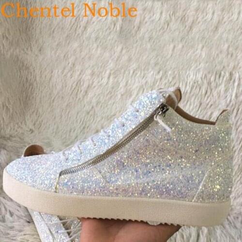 Brand Chentel Comfortable Bling Sequined Classic Fashion Running Casual Dress Shoes Men Flats Lace-Up Zipper Party Sneakers