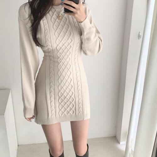 One Piece Dresses Women New Autumn Fashion Hollow Out Waist Sweater Dress Winter Casual High Elastic Twist Knitted Mini Dress