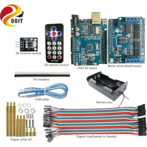 DOIT 1 set IR Control Kit with UNO R3 Board+ Motor Drive Shield for Arduino Robot Crawler Tank Car Chassis by APP Phone RC Toy