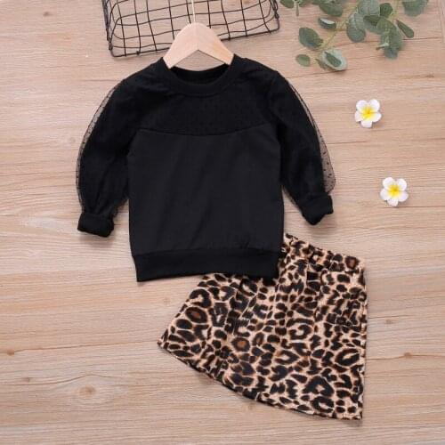 2021 Baby Girls Clothes Set, Solid Color Long Sleeve O-neck T-shirt+Leopard Print Short A-line Skirt