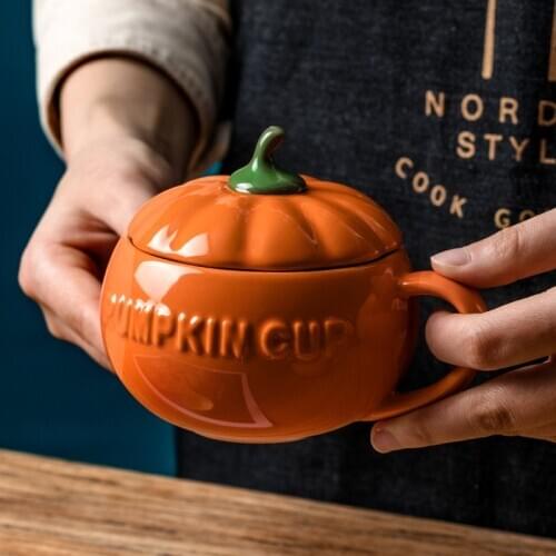 300ml/500ml Creative Pumpkin Coffee Mugs Ceramic Milk Cup With Lid Breakfast Oatmeal Yogurt Mug Funny Halloween Gifts For Kids