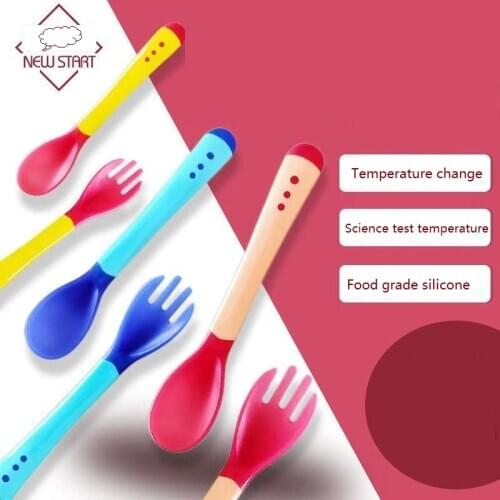 3 Colors Temperature Sensing Spoon for Kids Silicone Spoon Feeding Baby temperature-sensing soft head color-changing spoon fork