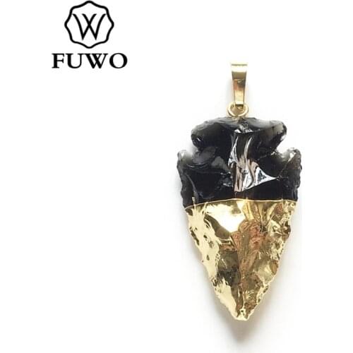 FUWO Trendy Women Black Obsidian Arrow Pendant Gold Cladding Rough Arrowhead Gems Stone Charm Jewelry Making Wholesale PD277