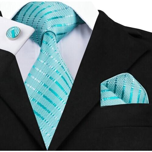 Mens Tie Blue Stripe Silk Jacquard Necktie Hanky Cufflink Set Business Wedding Party Ties For Men Mens Gift C-703