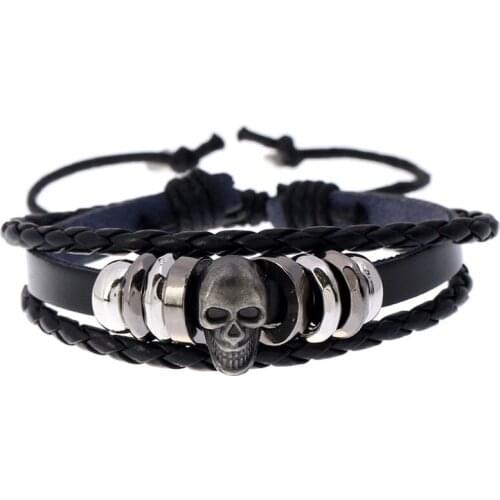 Punk Gothic Rock Men Skull Bead Bracelet Multilayer Weave Leather Charm Wrap Bangle Retro Wristband Women Hiphop Fashion Jewelry