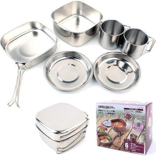 6pcs outdoor pot camping stainless steel cooker mountaineering Picnic Set bowl portable 3-4 person barbecue kitchen cookware