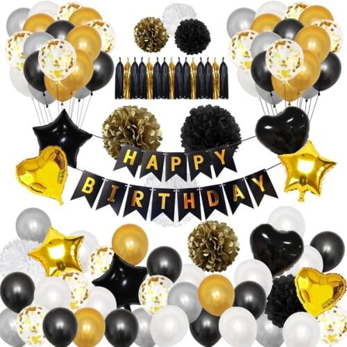110 pcs /Bag Birthday Party Decorations Set Balloons Black Gold Happy Birthday Banner Balloons Paper PomPoms Paper tassel Black