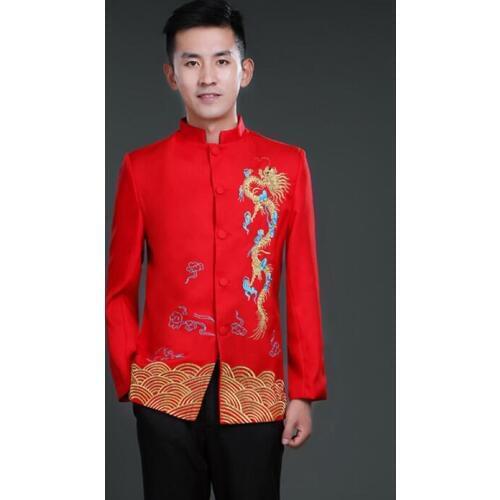 2020 new arrival slim men red suit set with pants mens suits wedding chinese tunic suits mens groom formal dress suit + pant