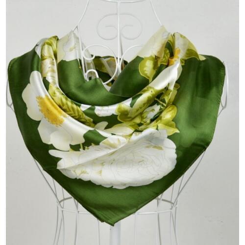 New White Green 100% Mulberry Silk Scarves Printed,Hot Sale Flower Pattern 100% Silk Crepe Satin Scarf Shawl Printed 90*90cm