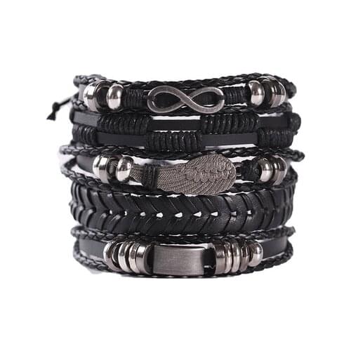 5Pcs/ Set Braided Wrap Leather Bracelets for Men Women Vintage Wooden Beads Ethnic Wristbands Wing Bracelet Party Jewelry