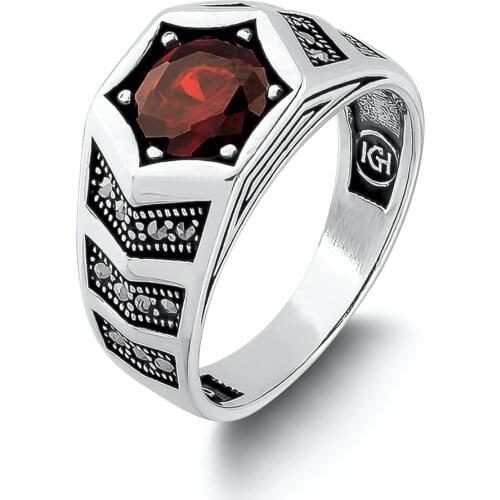 Handmade Silver Red Zircon Gemstone Ring Star Model Ring Solid 925 Sterling Silver Made in Turkey Men For Gifts