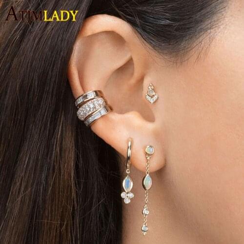 925 Sterling Silver Geometric Opal CZ Round Dots Cute Studs Multi Piercing The Second Hole Gold Color Adorable Earring For Girl