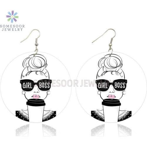 SOMESOOR Lovely Girl Boss Bubble Gum Printed African Wooden Drop Earrings Afro Natural Hair Artstic Wood Dangle For Women Gifts