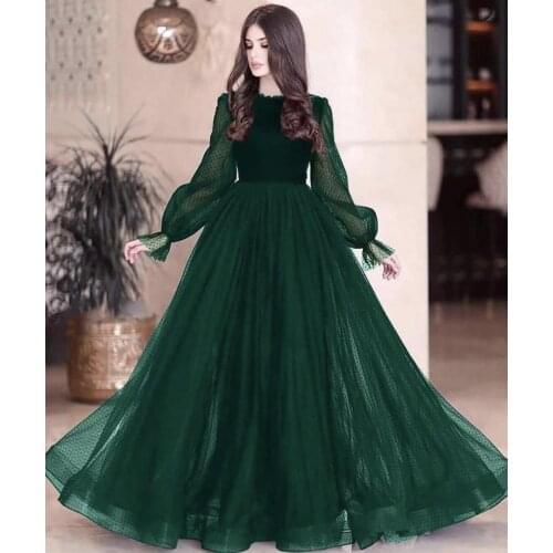 Dark Green Arabic Prom Pageant Dresses 2021 Modest Fashion Long Sleeve Evening Party Gown Occasion Wear Lace Custom Made