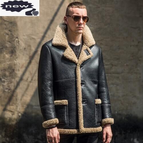 Vintage Mens Winter Real Fur Natural Shearling Jacket Wool Lining Sheepskin Genuine Leather Coat Flight Military Overcoat 6XL