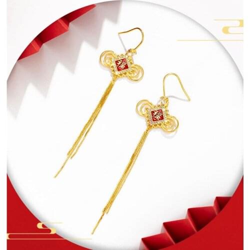 24K Gold Drop Earrings for Women Chinese Style Blessing Knot Long Tassel Dangle Earrings Jewelry Wedding Pendientes kolczyki