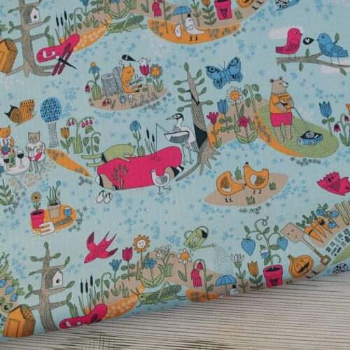 PVC coated waterproof fabric - Bear,Bird,Tree and flower on Blue background (WF330)