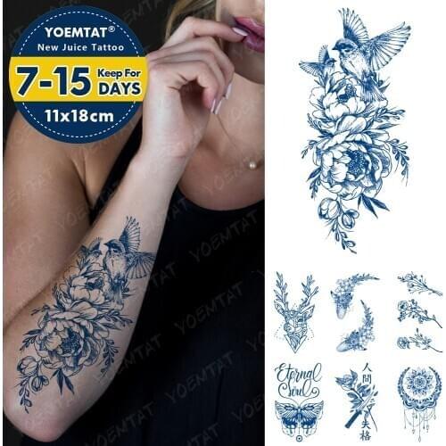 Juice Lasting Ink Tattoos Body Art Waterproof Temporary Tattoo Sticker Flower Bird Tatoo Arm Fake Deer Whale Tatto Women Men
