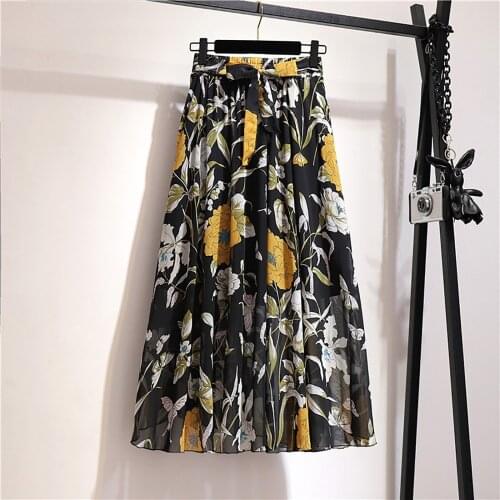 Womens Skirt Oversized Bohemian Chiffon Black Skirt Mid-length Korean Fashion Oversized Skirts Womens 2021 Floral Beach Юбки