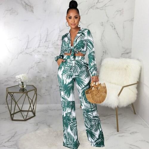 Tropical Leaves Print Two Piece Set Womens Tracksuit Long Sleeve Tied Up Crop Blouse and Wide Leg Pant Bohemian Clothing New