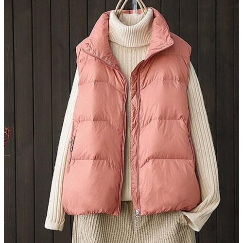 2021 Autumn Winter Vest Women White Duck Down WarmWoman Waistcoat Casual Stand Collar Sleeveless Jacket Vest