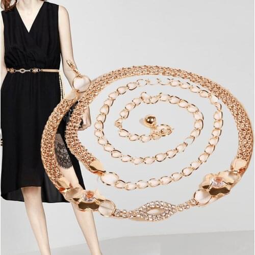 Women Fashion Belt Hip High Waist Gold Narrow Metal Chain Chunky Fringes Mouth Daisy Bowknot Women Belt