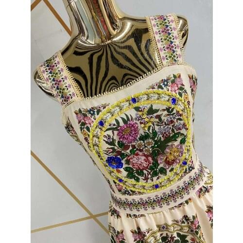 Designer Women Luxury Summer Runway Fashion Spaghetti Strap Beadinng Diamonds Flower Print High Quality Dress