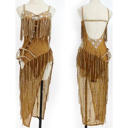 New Latin Dance Dress Fringe Performance Dress Girls High End Crystal Sexy Samba Dancing Dress Ladies Prom Stage Costume BL5381