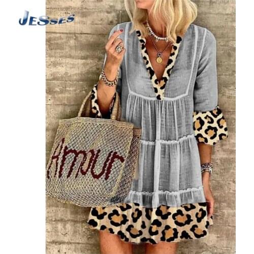 2021 Sexy Female Dress Leopard Print Patchwork Dresses Ladies V Neck Clubwear Half Sleeve Party Dress Beach Boho Loose Dress 3XL