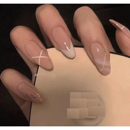 24pcs/Set Nude Pink French False Nails Round Middle Long Gold Glitter Fake Nails with Glue Beauty Full Nail Accessories Tips
