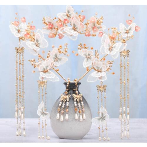 Antique Hanfu Hairpin Hair Comb Ear Clips Set Step Shake Tassel Butterfly Flower Pattern Temperament Hair Accessories LL@17