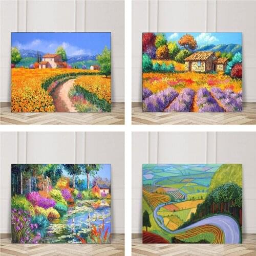 Ink Painting Modern Flower Field Landscape European Porch Decoration Painting Mountain Peaks Stream Living Room Sofa Art Poster