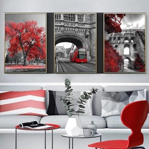 Black And White Red Tree Landscape 5D Diy Diamond Painting Wall Art Picture Triptych City Umbrella Diamond EmbroideryZP-4512