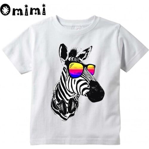 Childrens Zebra With Sunglasses Design T Shirt Kids Cool Casual Tops Boys/Girls Summer White T-Shirt