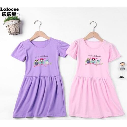 Children Clothes Baby Girls Summer New Fashion Pink Short Sleeve Cotton Dress Kids Cute Owl Bird Print Princess Party Dress